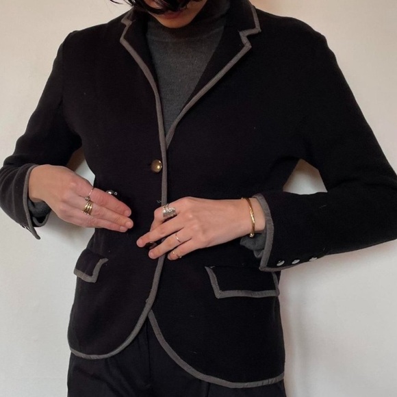 LOFT gray cotton tipped cardigan sweater with blazer look, heather gray & black - Picture 13 of 13